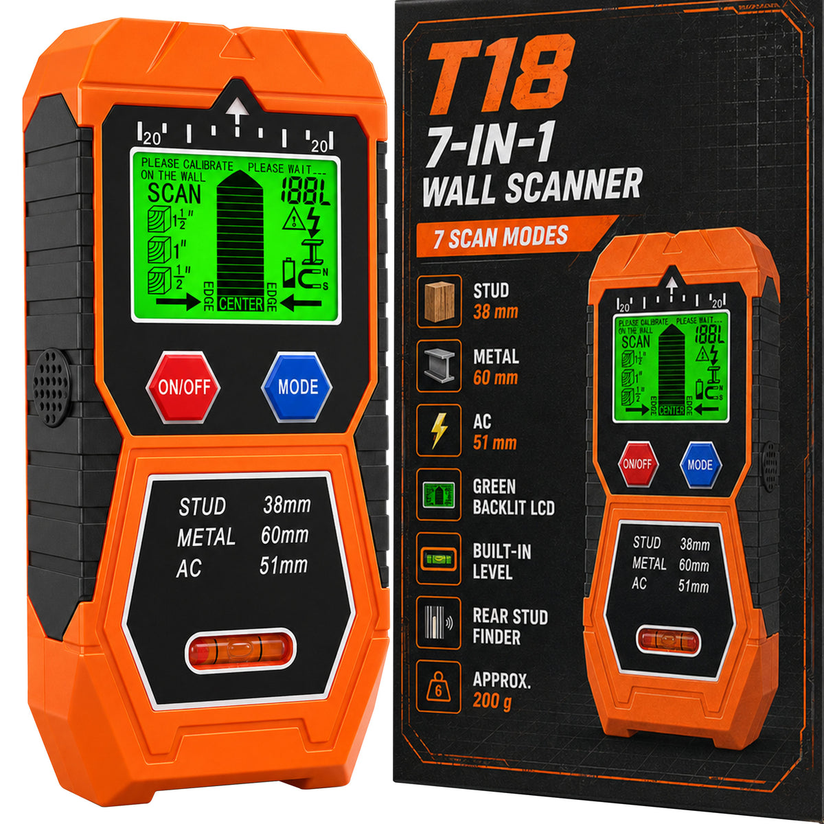T18 Stud Finder Wall Scanner, for Wood/Metal/AC Wire/Pipe