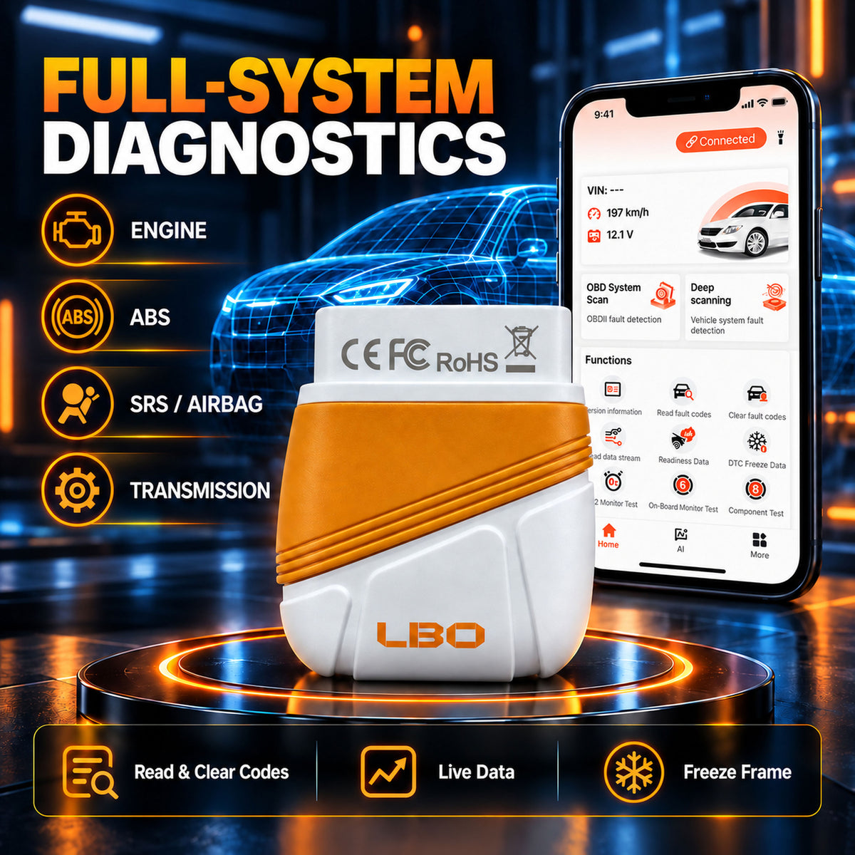 V800 OBD2 Scanner Bluetooth, for Engine ABS & SRS Diagnostics