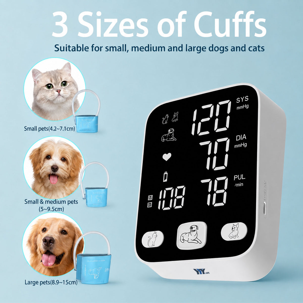 DD010 Pet Blood Pressure Monitor, 3 Sizes Cuffs for Dog/Cat