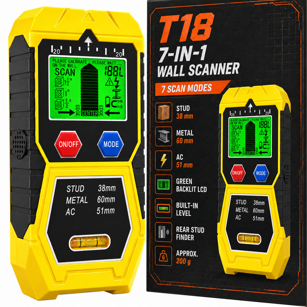 T18 Stud Finder Wall Scanner, for Wood/Metal/AC Wire/Pipe