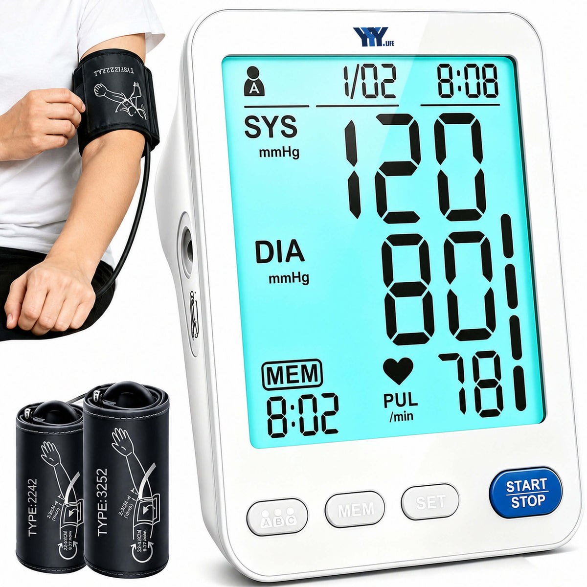 A01-BL Blood Pressure Monitor, 3Cuff  LCD Display for Adult Home Use
