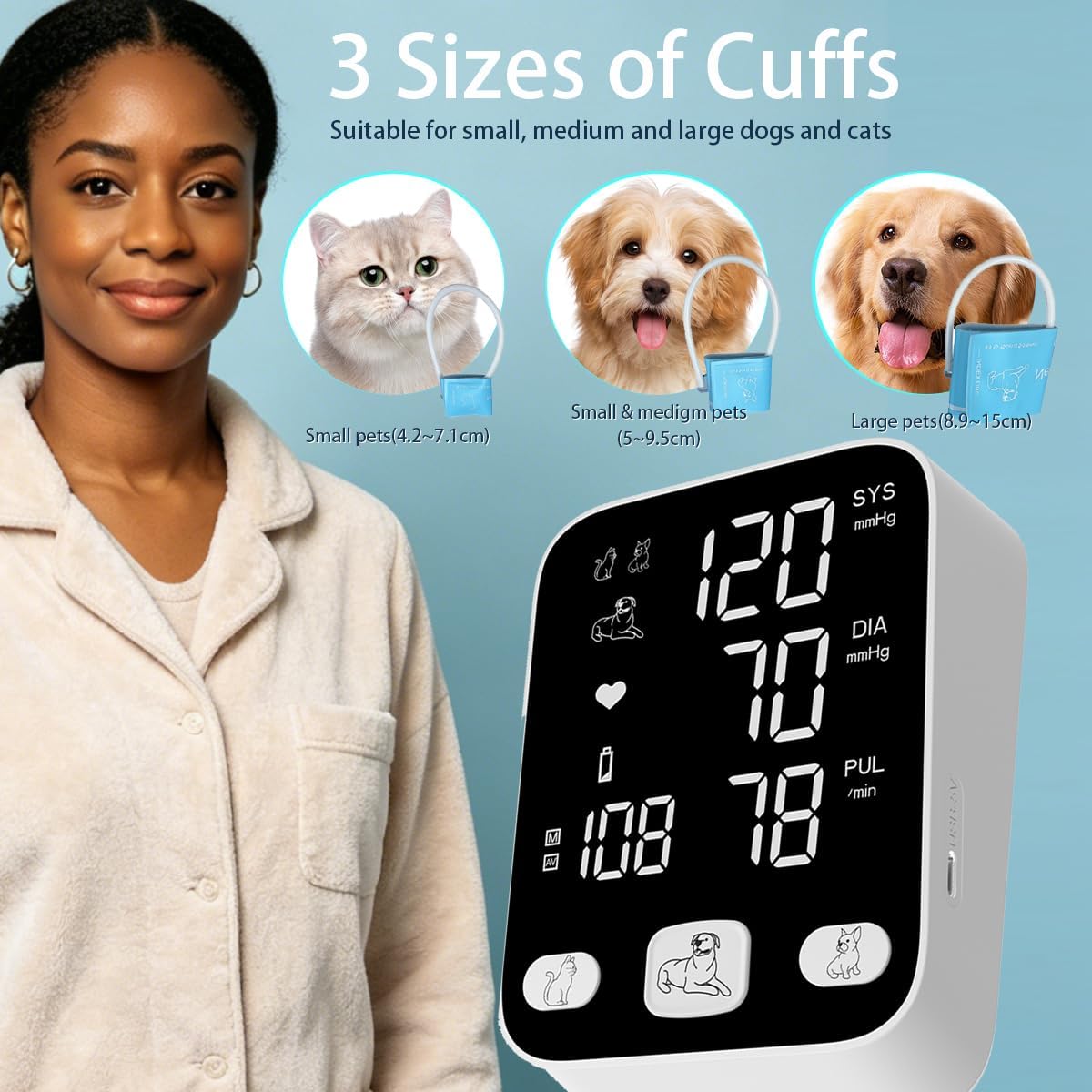 Pet Blood Pressure Monitor, 3 Cuffs LCD Screen for Dog/Cat Veterinary