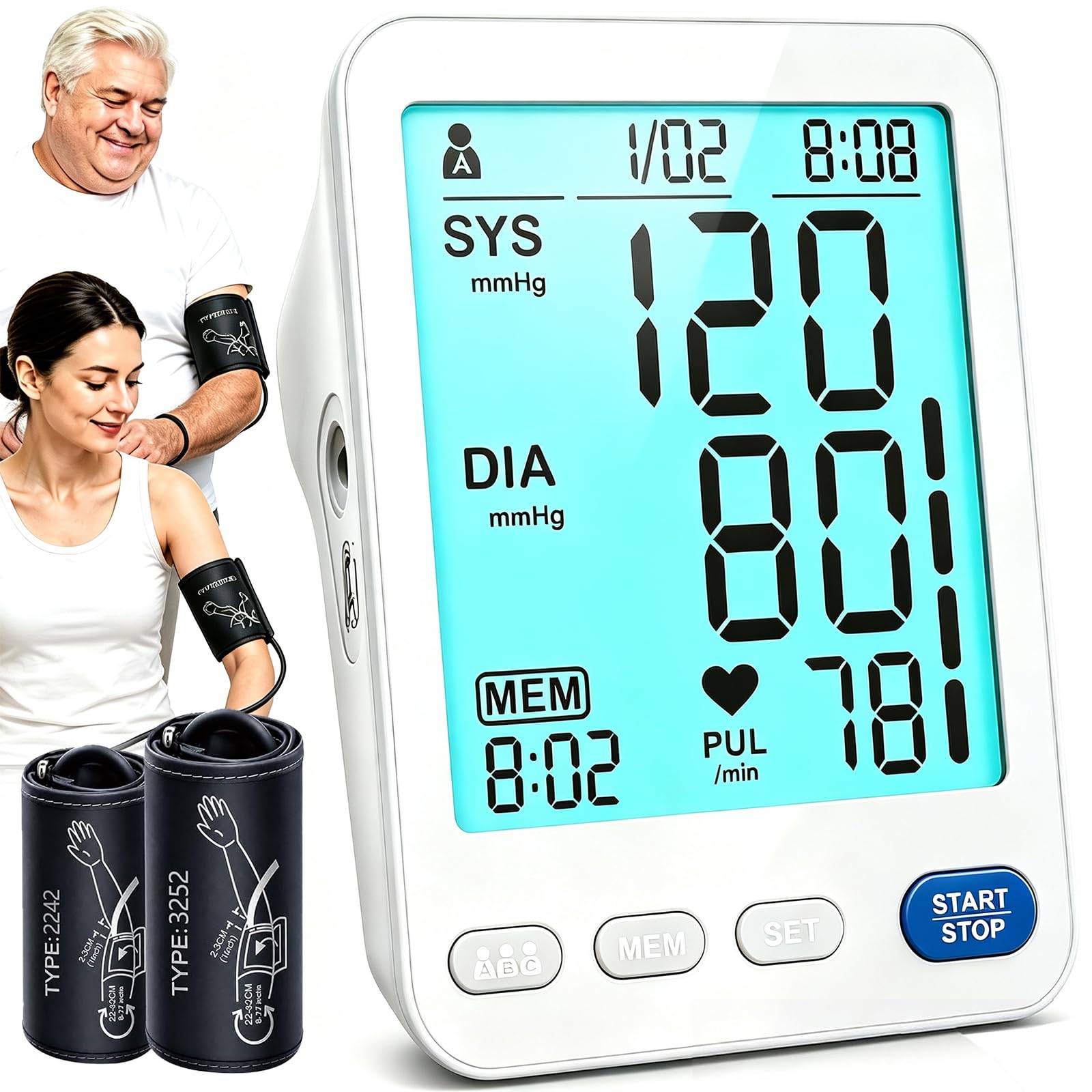 Blood Pressure Monitor, 2Cuff  LCD Display M/L/XL for Adult Home Use