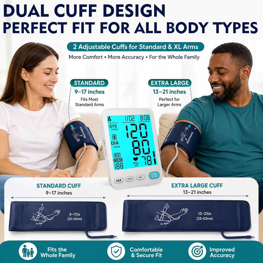 Blood Pressure Monitor, 2Cuff  LCD Display M/L/XL for Adult Home Use