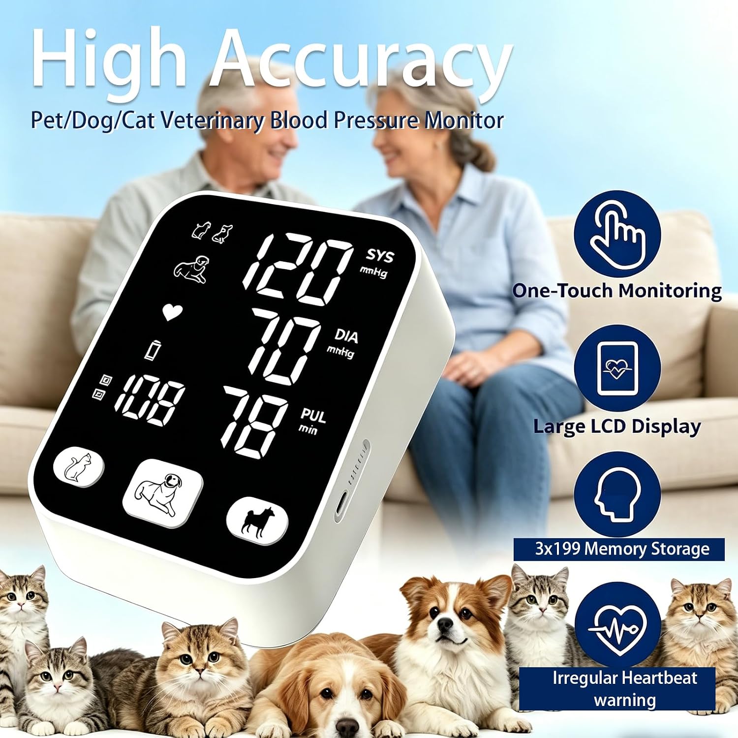 Pet Blood Pressure Monitor, 3 Cuffs LCD Screen for Dog/Cat Veterinary