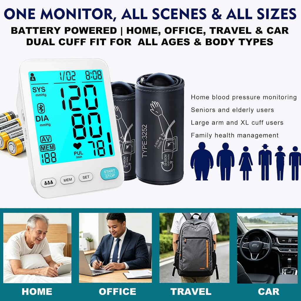 Blood Pressure Monitor, 2Cuff  LCD Display M/L/XL for Adult Home Use