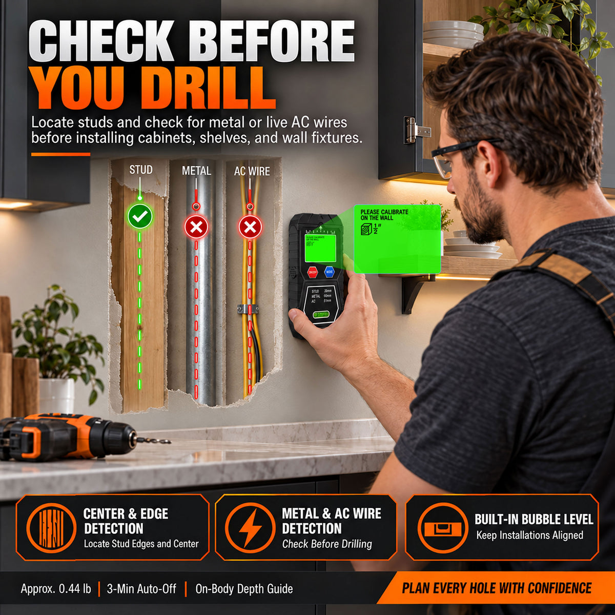 T18 Stud Finder Wall Scanner, for Wood/Metal/AC Wire/Pipe