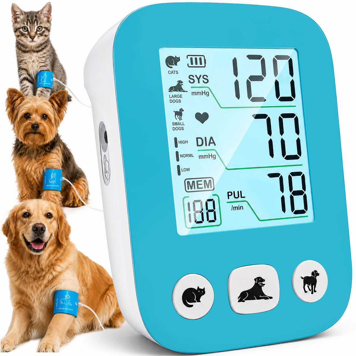 DD011 Pet Blood Pressure Monitor, Blue Digital 3 Cuffs for Dogs Cats