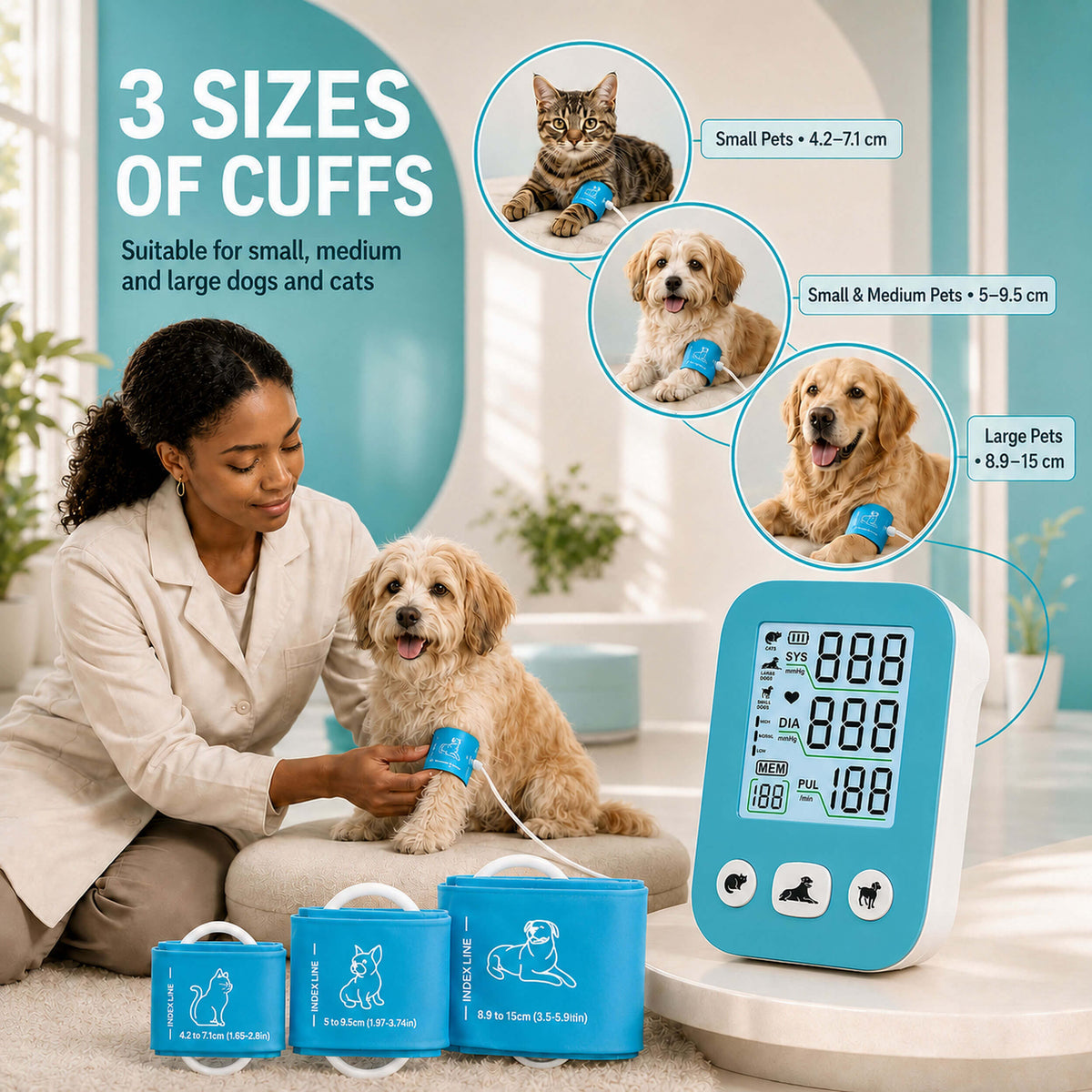 DD011 Pet Blood Pressure Monitor, Blue Digital 3 Cuffs for Dogs Cats