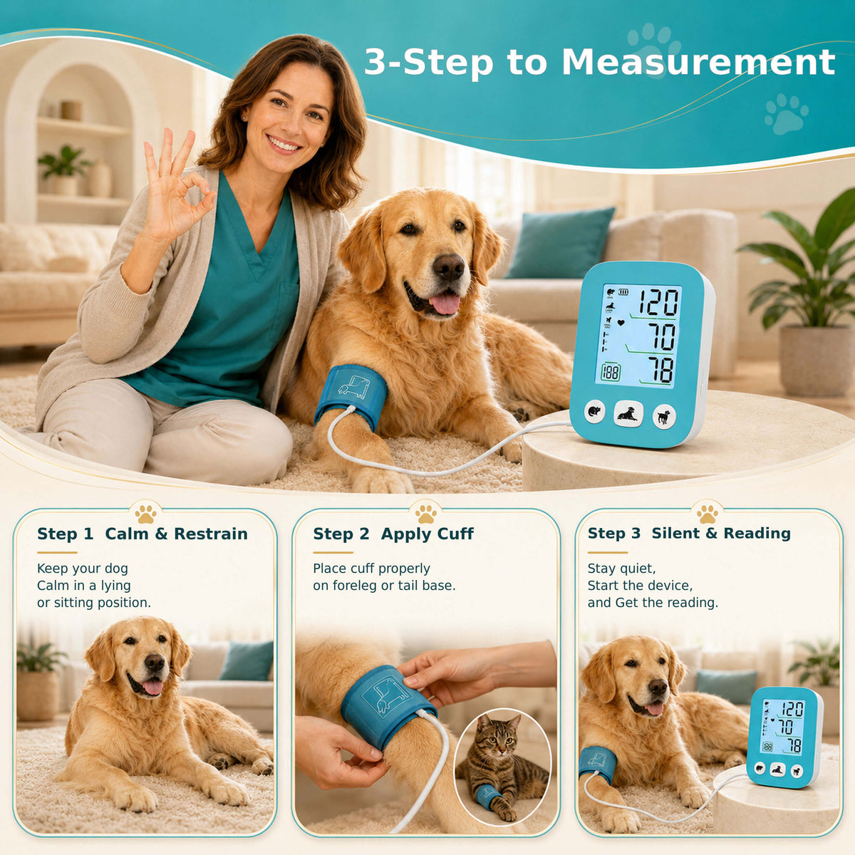 DD011 Pet Blood Pressure Monitor, Blue Digital 3 Cuffs for Dogs Cats