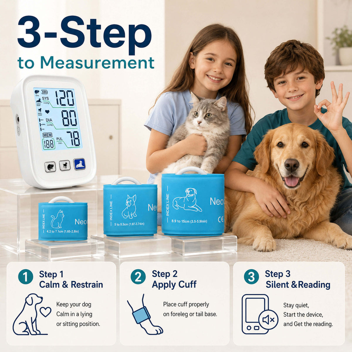 DD012 Pet Blood Pressure Monitor, White 3 Cuffs for Dogs & Cats