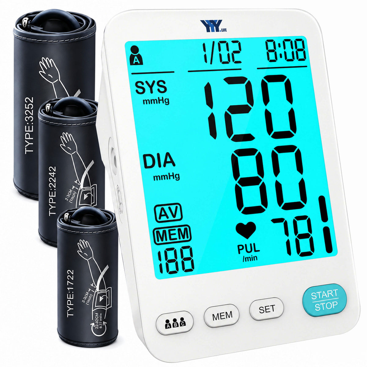 A01-BL Blood Pressure Monitor, 3Cuff  LCD Display for Adult Home Use